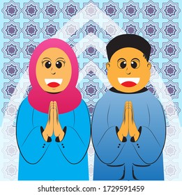 Happy eid mubarak greeting card, boy and girl cartoon kids says salam