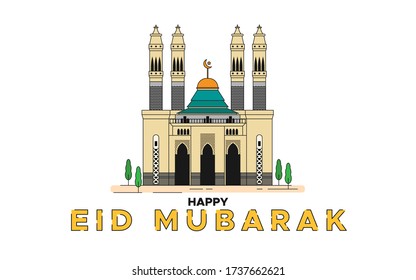 Happy eid mubarak greeting card illustration in flat style. Mosque vector in outline style. 