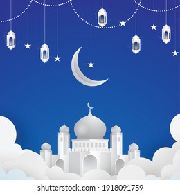 Happy Eid Mubarak Greeting Card With Crescent Moon Paper Cutout Background. Ramadan Kareem Vector Illustration. 