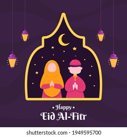 Happy Eid Mubarak greeting card template. Illustration vector graphic. Design concept lantern, crescent moon and cute muslim kid in flat design cartoon style, Perfect for banner, Postcard social media
