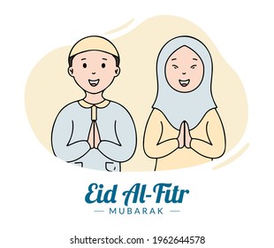 Happy Eid mubarak greeting card with muslim boy and girl flat illustration style. Hand drawn style of islamic holiday festival celebration