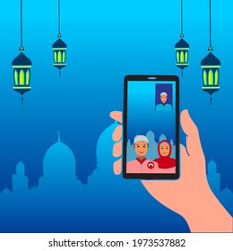 Happy eid mubarak greeting card. Vector illustration of a Muslim people doing a video call. Couple blessing Eid mubarak through smart phone screens and stay connected during Covid-19 pandemic.