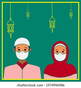 Happy eid mubarak greeting card. Vector illustration of a Muslim people doing a video call. Couple blessing Eid mubarak through smart phone screens and stay connected during Covid-19 pandemic.