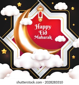 happy eid mubarak greeting card with 3d moon and islamic latern cartoon style