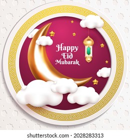 happy eid mubarak greeting card with 3d moon and islamic latern cartoon style