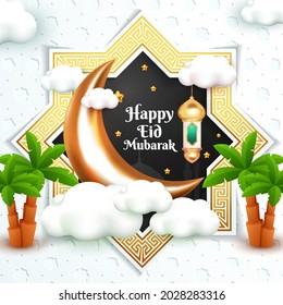 happy eid mubarak greeting card with 3d moon and islamic latern cartoon style