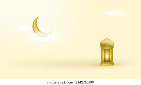Happy eid mubarak tarjeta de saludo plantilla en blanco con ilustración vectorial de linterna, nube y luna creciente.