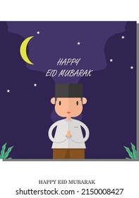 Happy Eid Mubarak greeting card with a boy in the midle and the night sky in background save on eps mode
