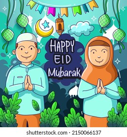 Happy Eid Mubarak greeting Card Illustration, ramadan kareem cartoon vector for Islamic festival for banner, poster, background