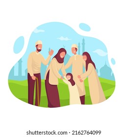 Feliz regalo de bienvenida de eid mubarak. familia musulmana bendiciendo Eid mubarak a los abuelos aislados en un contexto blanco
