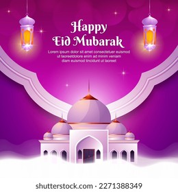Happy Eid Mubarak Greeting card with purple and pink color design, mosque and lantern vector illustration