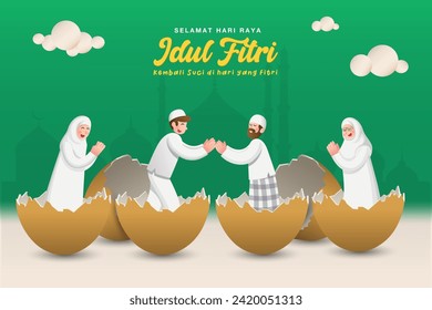 Happy eid mubarak greeting card. Cartoon muslim family hatching out of egg celebrating Eid al fitr. Concept of rebirth and new life. Translation: Happy Eid al fitr, return to purity on the holy day.