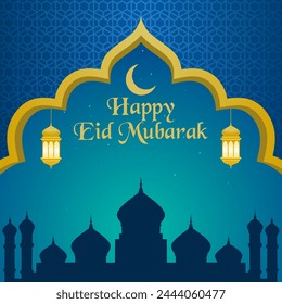 Happy Eid Mubarak greeting card design with Islamic decorative template and mosque silhouette