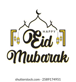 Happy Eid Mubarak Greeting Card with Lanterns and Mosque Design