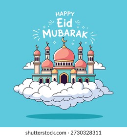 Feliz Eid Mubarak cartão de felicitações com uma bela mesquita descansando em nuvens fofas, simbolizando a paz e bênçãos para a ocasião festiva.
