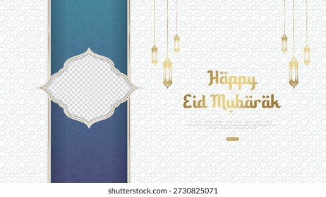 Plantilla feliz de la tarjeta de felicitación de Eid Mubarak con el marco y las linternas islámicos