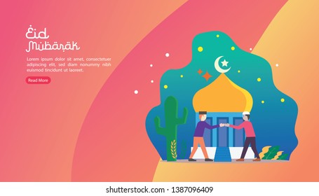 happy eid mubarak greeting concept with people character for web landing page template, banner, presentation, social, and print media. islamic eid fitr or adha flat design vector illustration.