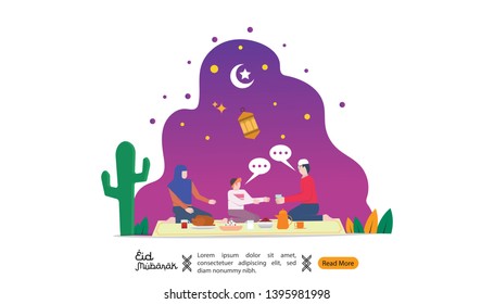 happy eid mubarak greeting concept with people character. Moeslem family dinner together with pleasures. web landing page template, banner, presentation, social, and print media.