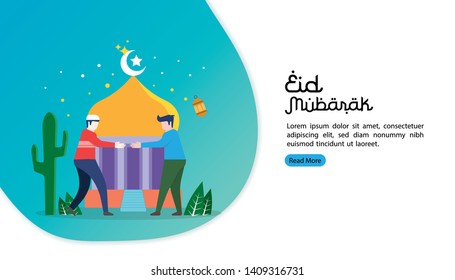 happy eid mubarak greeting concept with people character. two Moeslems man meet up and shaking their hands. web landing page template, banner, presentation, social, and print media.