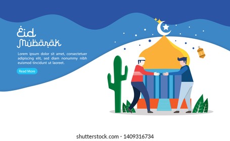 happy eid mubarak greeting concept with people character. two Moeslems man meet up and shaking their hands. web landing page template, banner, presentation, social, and print media.