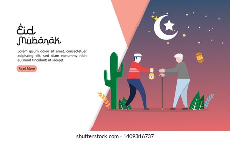 happy eid mubarak greeting concept with people character. Moeslem man do charity for older man. web landing page template, banner, presentation, social, and print media.