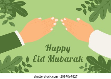 happy eid mubarak greeting concept illustration vector, happy muslim people celebrate eid mubarak by shaking hands.