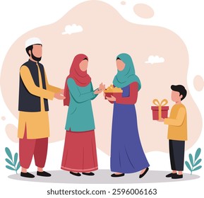 happy eid mubarak greeting concept with people character. Moeslems meet up and shaking their hands. sharing gift box, web landing page template, banner, presentation, social, and print media.