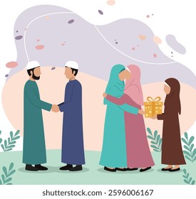 happy eid mubarak greeting concept with people character. Moeslems meet up and shaking their hands. sharing gift box, web landing page template, banner, presentation, social, and print media.