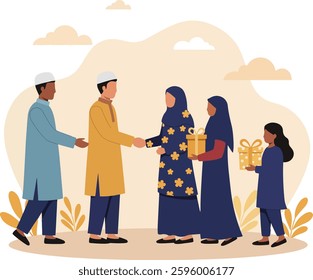 happy eid mubarak greeting concept with people character. Moeslems meet up and shaking their hands. sharing gift box, web landing page template, banner, presentation, social, and print media.