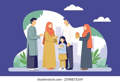 happy eid mubarak greeting concept with people character. Moeslems meet up and shaking their hands. sharing gift box, web landing page template, banner, presentation, social, and print media.