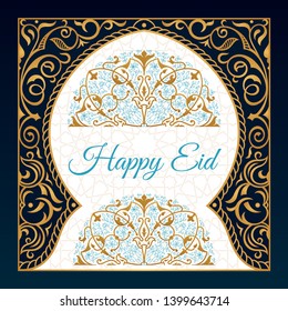 Happy Eid mubarak greeting design, happy holiday words with golden mosque and floral background. Vector islamic card with Gold moon. Eastern arabic pattern