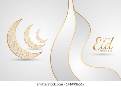 Happy Eid Mubarak greeting design, Golden mosque moon and floral pattern White Silver background elegant minimalist
