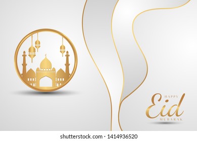 Happy Eid Mubarak greeting design, Golden mosque moon and floral pattern White Silver background elegant minimalist