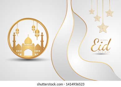 Happy Eid Mubarak greeting design, Golden mosque moon and floral pattern White Silver background elegant minimalist