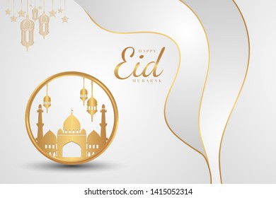Happy Eid Mubarak greeting design, Golden mosque moon and floral pattern White Silver background elegant minimalist