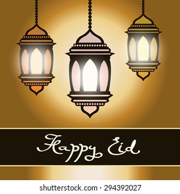 Happy Eid. Eid Mubarak greeting with illuminated lamp. Vector illustration EPS 10. 