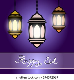 Happy Eid. Eid Mubarak greeting with illuminated lamp. Vector illustration EPS 10. 