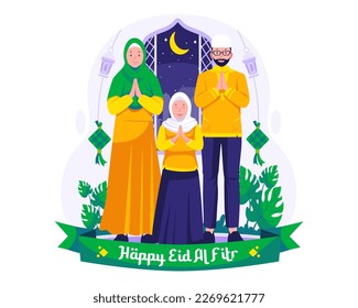 Happy Eid Mubarak greeting illustration concept. A Muslim Family wishing and greeting Eid al-fitr