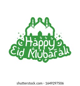 Happy eid mubarak greeting lettering emblem with mosque and moon. Emblems for islamic holy holiday.