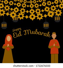 happy eid mubarak greeting from man and woman with ornaments and lanterns