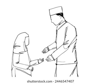 Happy Eid Mubarak greeting with a Muslim family. Continuous line drawing vector illustration.