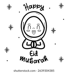 Happy Eid Mubarak Greeting with Muslim Girl Coloring Cartoon Character