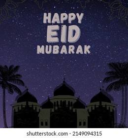 Happy eid mubarak greeting with starry night sky background.