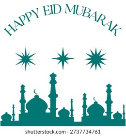Happy Eid Mubarak Greeting With Teal Mosque Silhouette, Starbursts, and Crescent Architecture