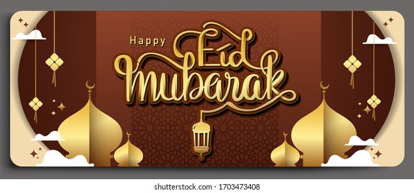Feliz eid mubarak saludos fondo con caligrafía de mezquita y escritura a mano, elemento elegante para plantilla de diseño, lugar para la tarjeta de saludo de texto para Ramadan kareem