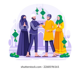 Happy Eid Mubarak Greetings, Muslim people greet each other and shake hands. Celebrate Eid al-Fitr concept illustration