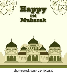 Happy eid mubarak greetings on a light green background.