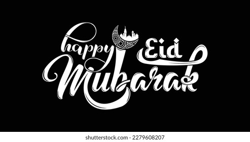 Happy eid Mubarak. Handgeschrieben in weißer Farbe auf schwarzem Hintergrund. Geeignet für Karten, Banner, Feiern, Wünsche und Grüße 