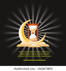 Happy Eid Mubarak with hourglass and black background vector design illustration