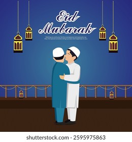 Happy Eid Mubarak Illustration, Embrace of Two Muslim Men in White and Blue Robes, Hanging Lanterns, and Joyful Festive Spirit for Islamic Celebration.